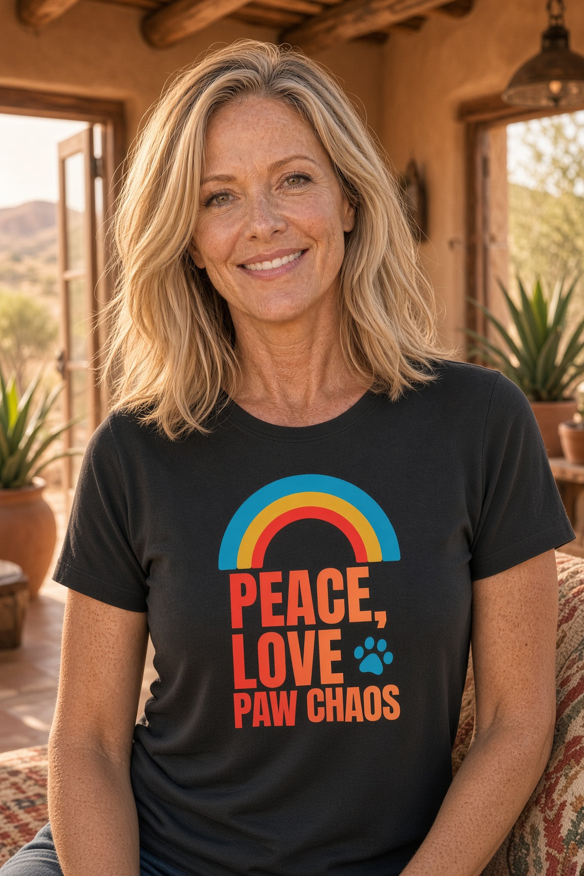 Woman smiling while wearing a black t-shirt with a rainbow and text 'Peace, Love, Paw Chaos'