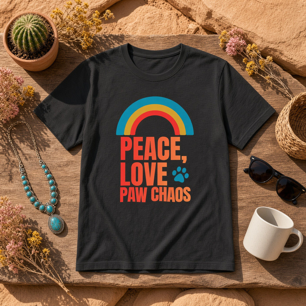 Black t-shirt with 'Peace, Love, Paw Chaos' design on a rustic table with accessories.