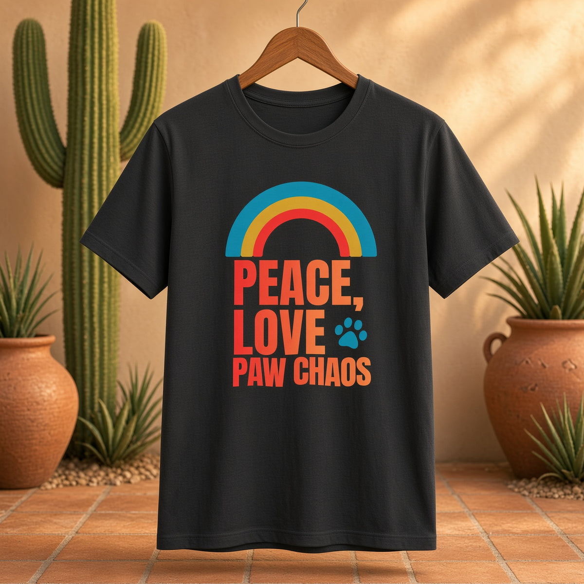 Black t-shirt hanging with a rainbow design and text 'Peace, Love, Paw Chaos' in a desert setting.