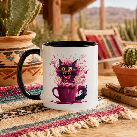 Pink Cat Mug with a mischievous cat design on a rustic table