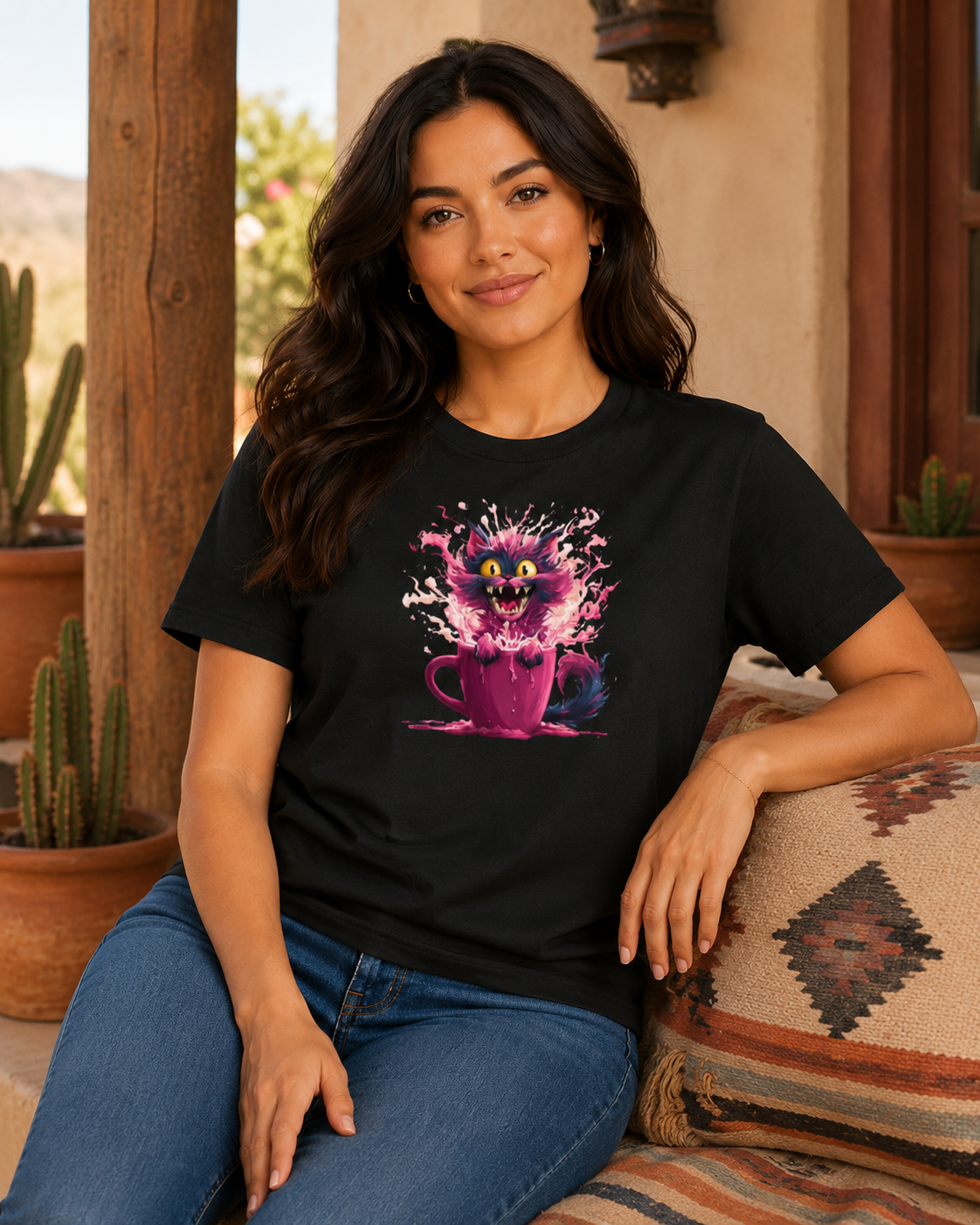 A woman wearing a black graphic t-shirt featuring a mischievous cat launching itself out of a pink mug in a burst of vibrant color, sitting on a patterned couch in a rustic indoor setting.