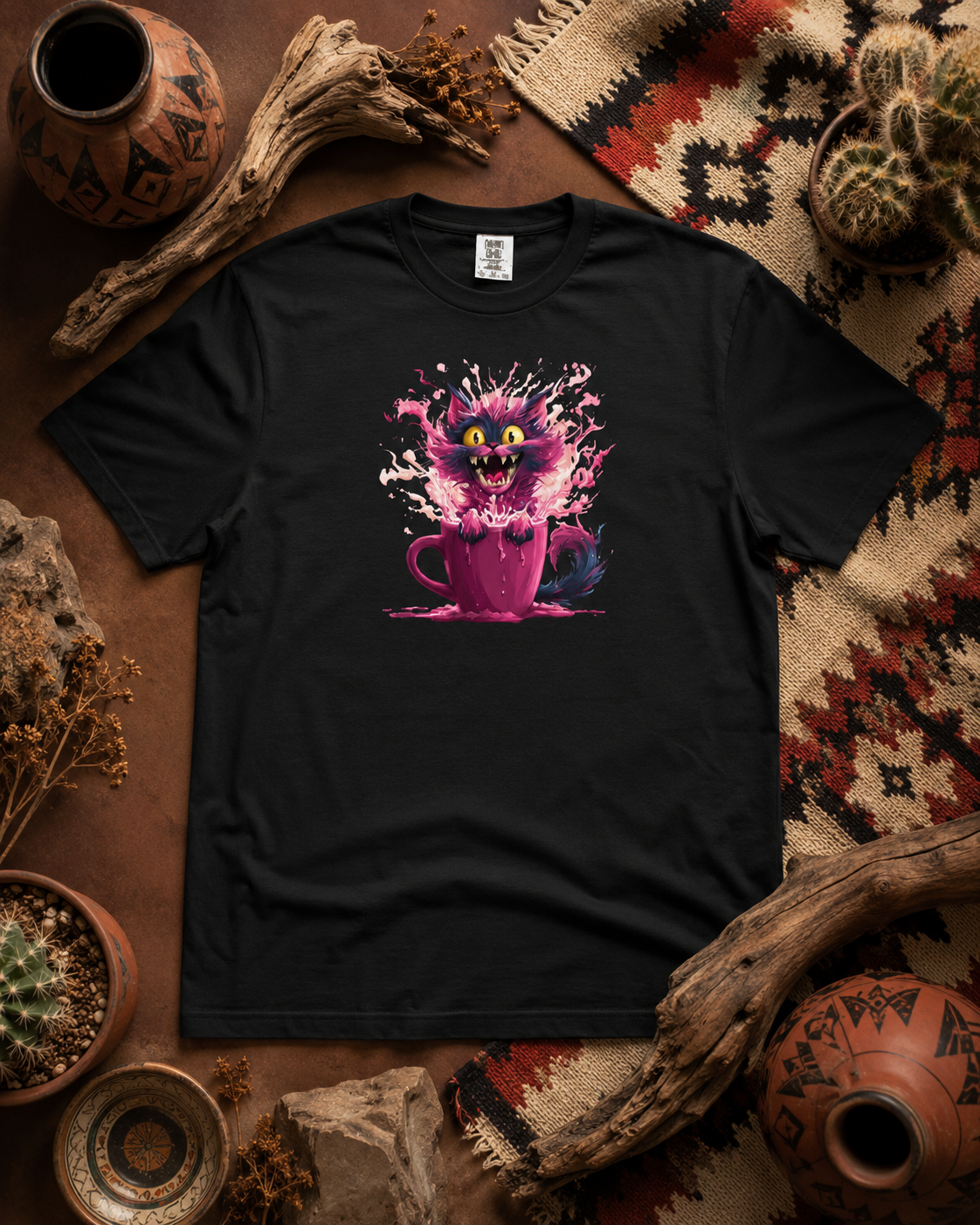 A black short-sleeve t-shirt laid flat on a rustic surface, featuring a mischievous cat launching itself out of a pink mug in a burst of vibrant color. The shirt is styled with dried plants, pottery, and a patterned rug.