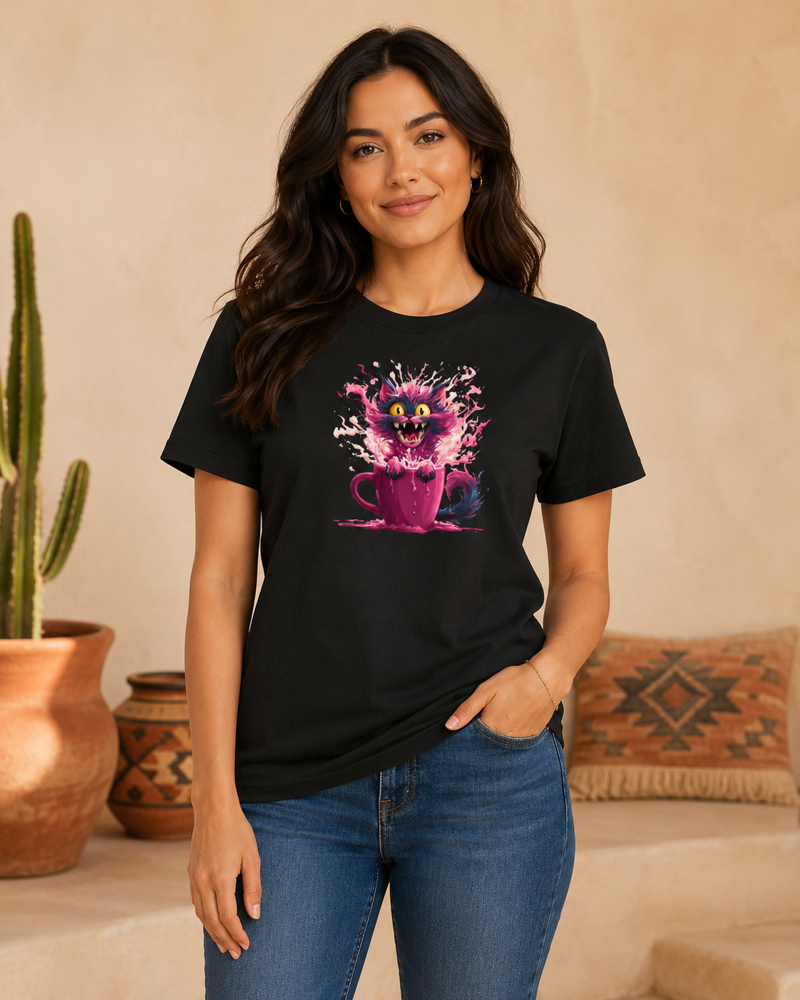 A woman wearing a black short-sleeve graphic t-shirt featuring a mischievous cat launching itself out of a pink mug in a burst of vibrant color, paired with blue jeans, standing in a warm-toned indoor setting with a cactus and pottery.