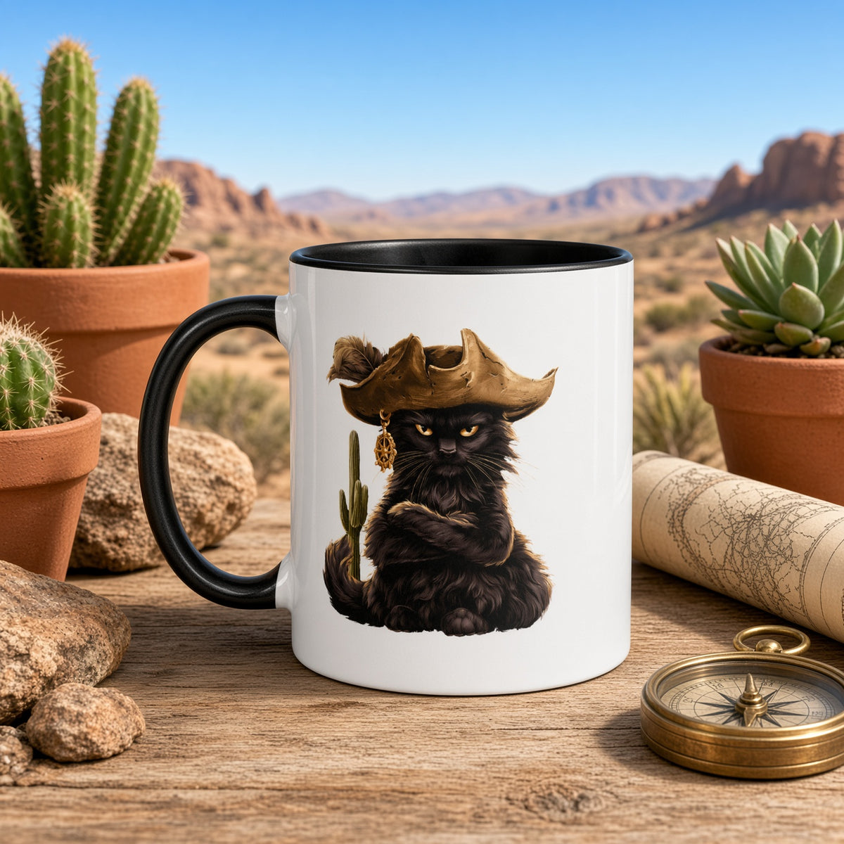 Pirate cat mug featuring a black cat in a pirate hat with a cactus in a desert setting.