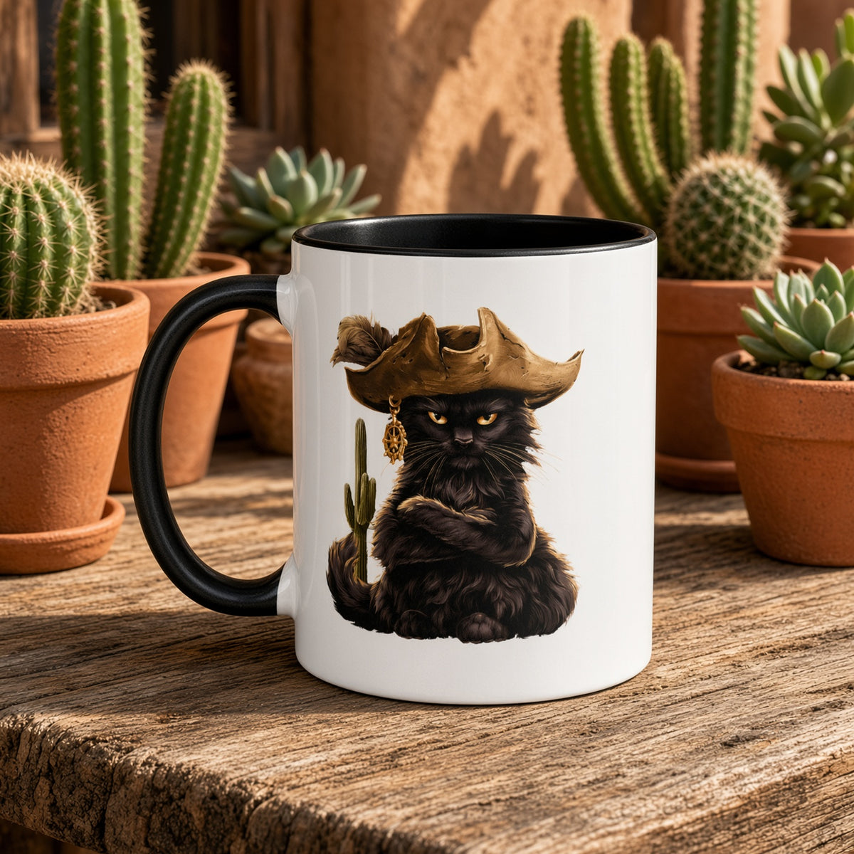 Pirate cat mug showcasing a black cat in a pirate hat surrounded by potted cacti.