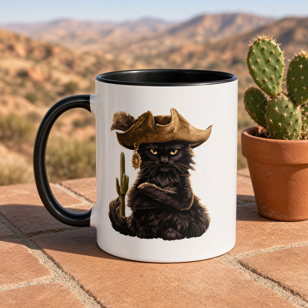 Close-up of a pirate cat mug with a black cat wearing a pirate hat in a desert landscape.