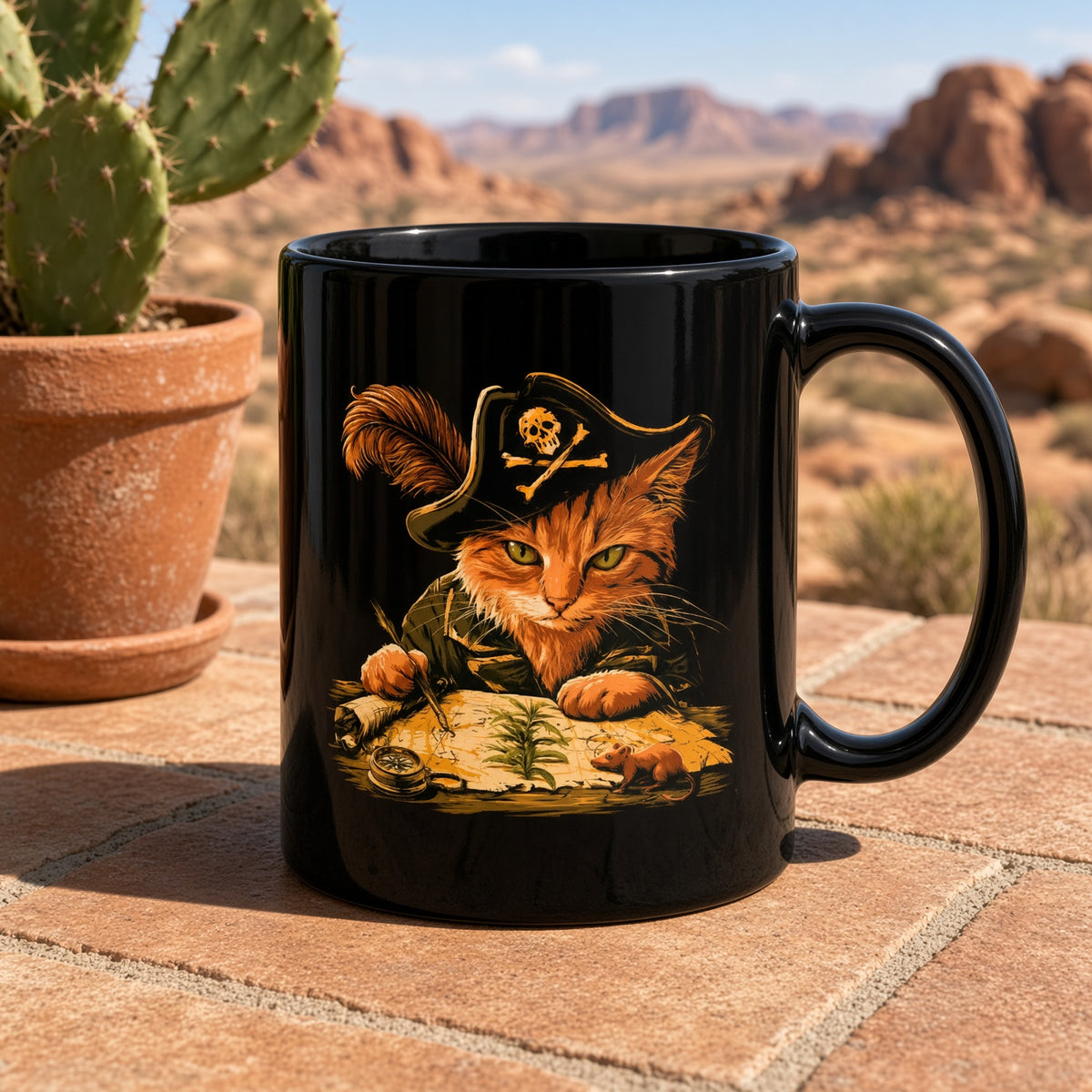 Black mug featuring a pirate cat with a map and compass in a desert setting.