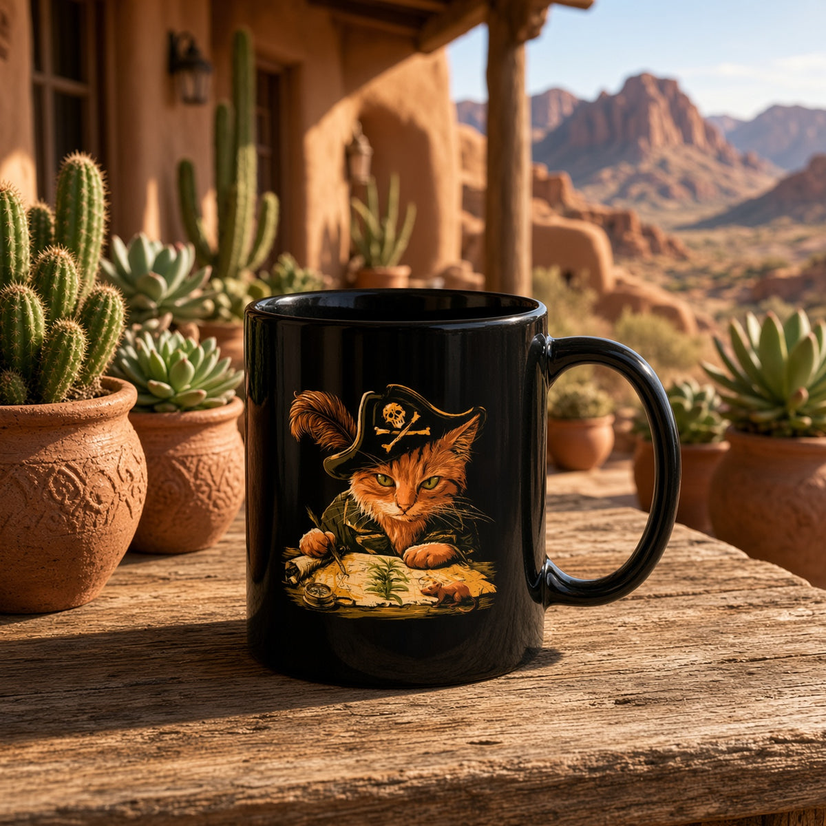 Black mug displaying a pirate cat, set among potted plants and desert scenery.