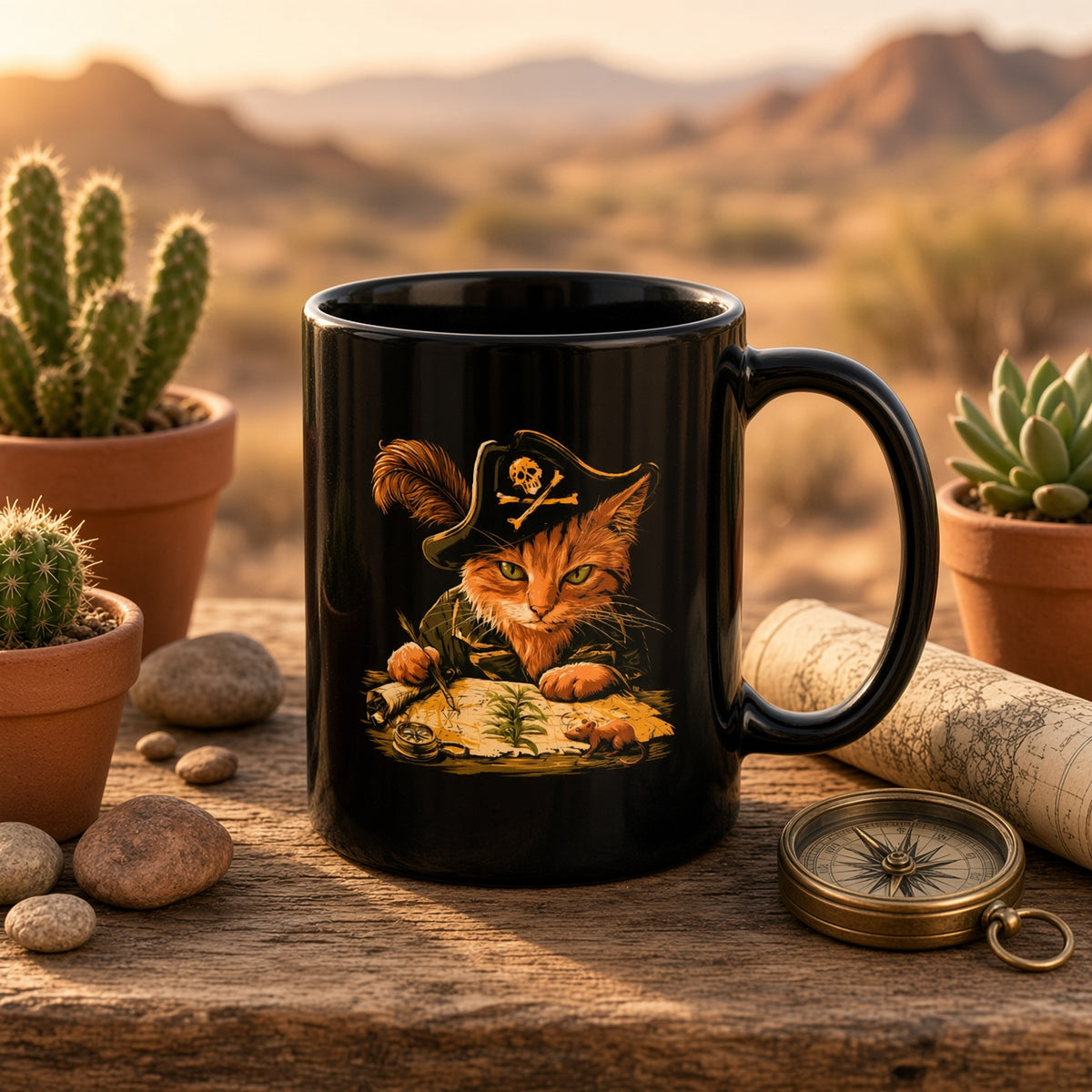 Black mug with a pirate cat design, surrounded by cacti and a compass on a wooden table.