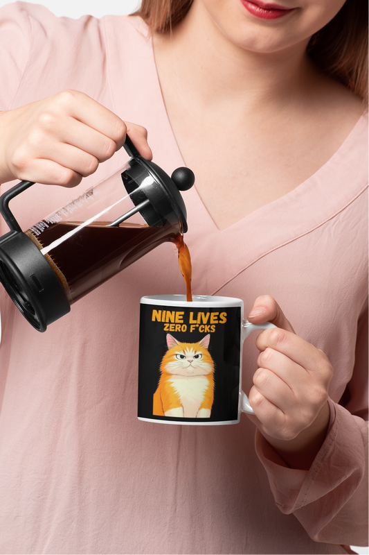 Chaos Cat Mug – Orange Cat With Nine Lives, Zero F*cks – 11oz