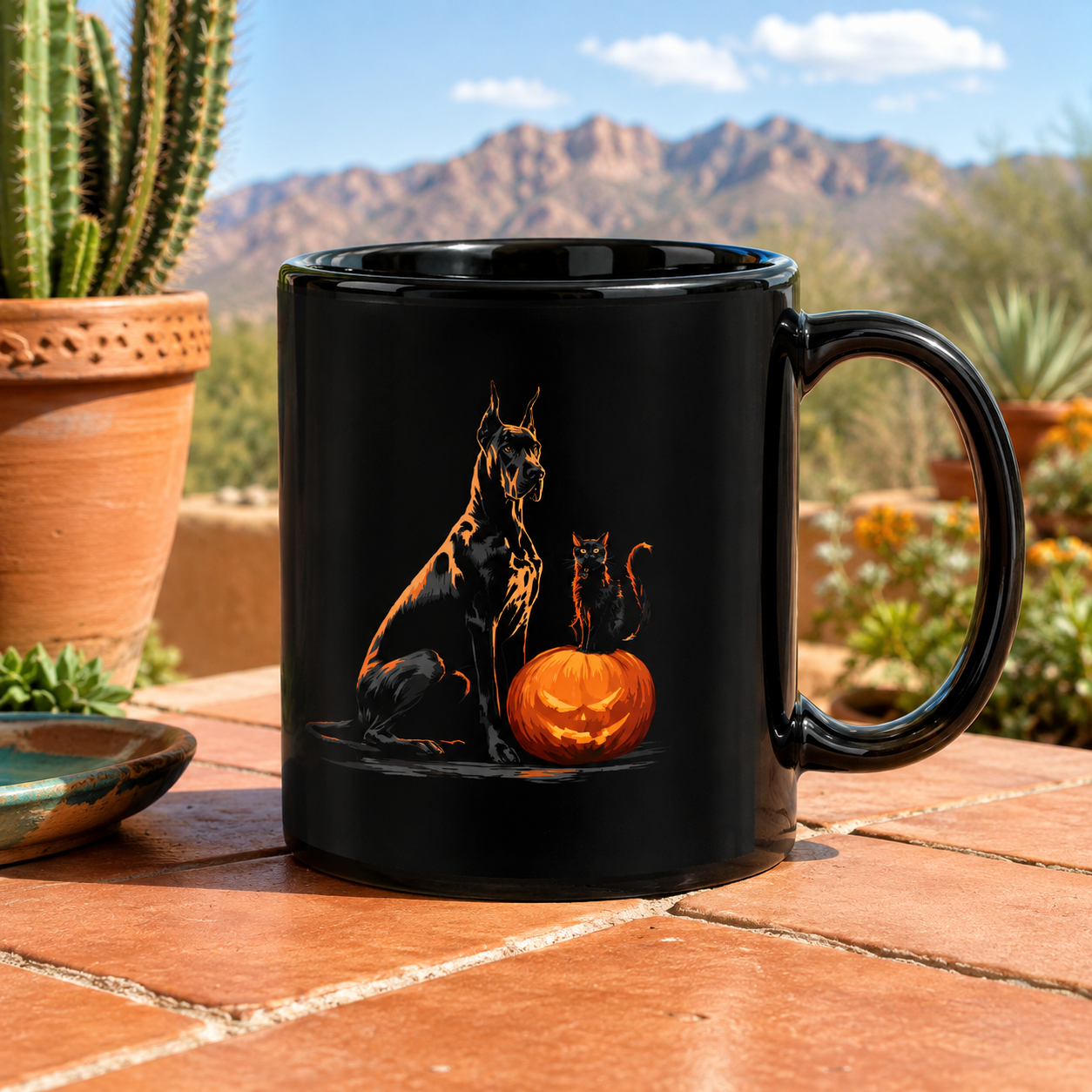 Pumpkin Watch Crew Mug - Great Dane & Black Cat Halloween Delight