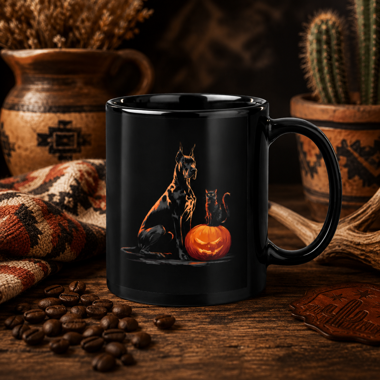 Pumpkin Watch Crew Mug - Great Dane & Black Cat Halloween Delight
