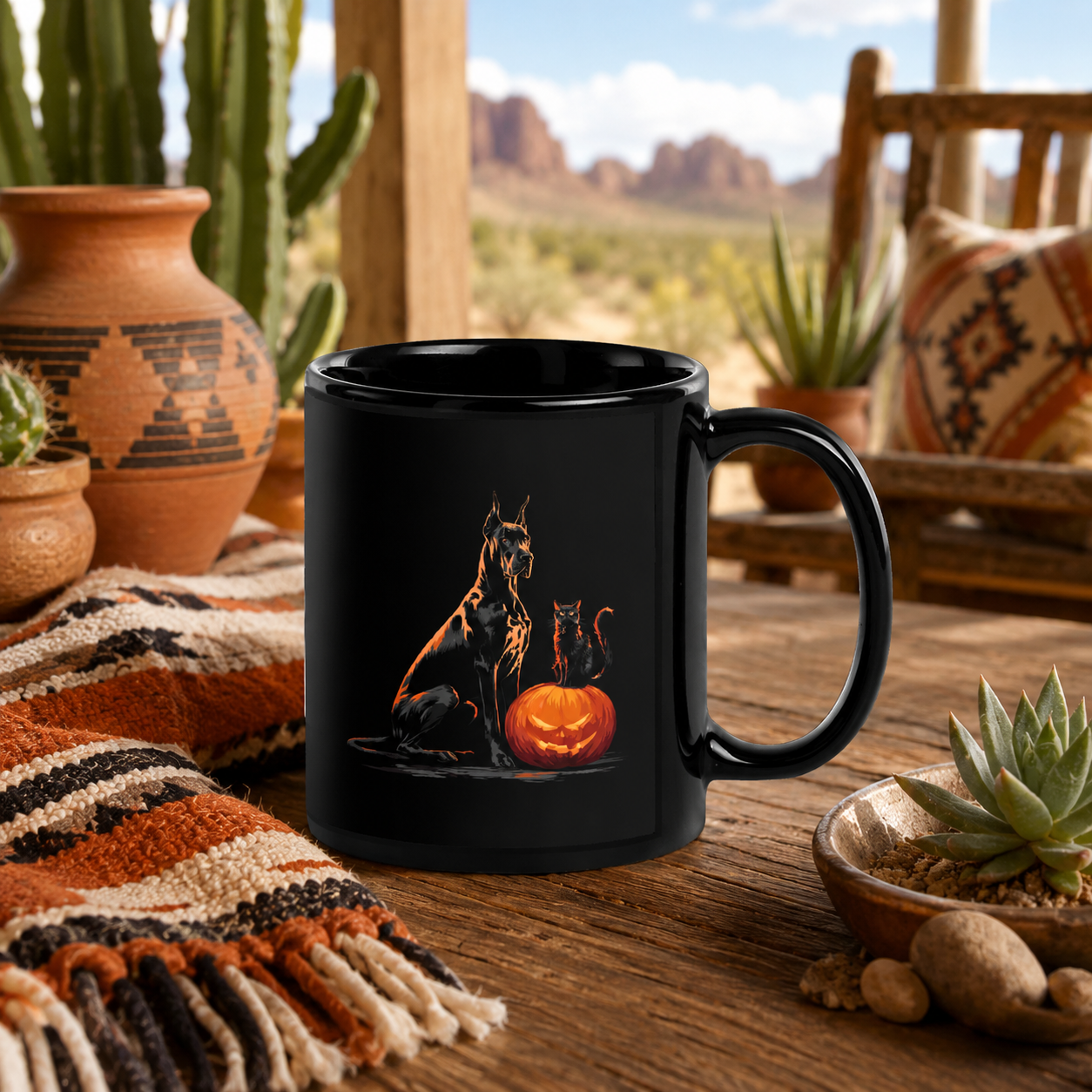 Pumpkin Watch Crew Mug - Great Dane & Black Cat Halloween Delight