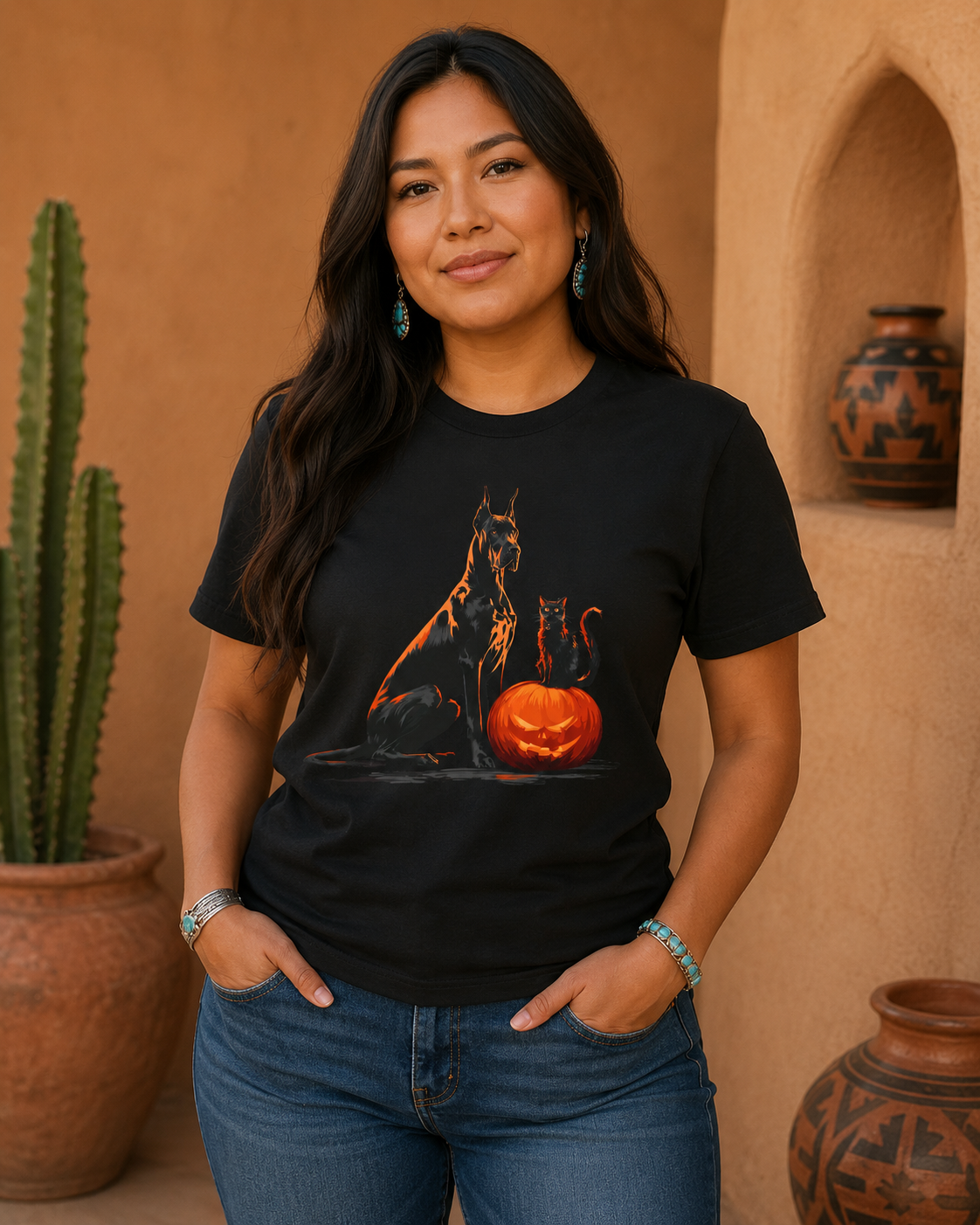 A woman wearing a black graphic t-shirt with a design of a Great Dane, a cat and a jack-o'-lantern, standing in front of a warm adobe wall with a cactus and pottery.