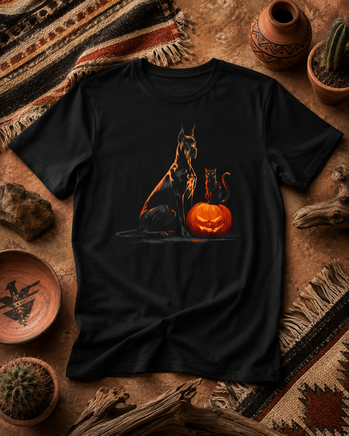 A black short-sleeve graphic T-shirt laid flat on a rustic brown surface with woven textiles, pottery, cactus, and driftwood props. The shirt features a glowing orange jack-o'-lantern and a dark cat silhouette on the front.