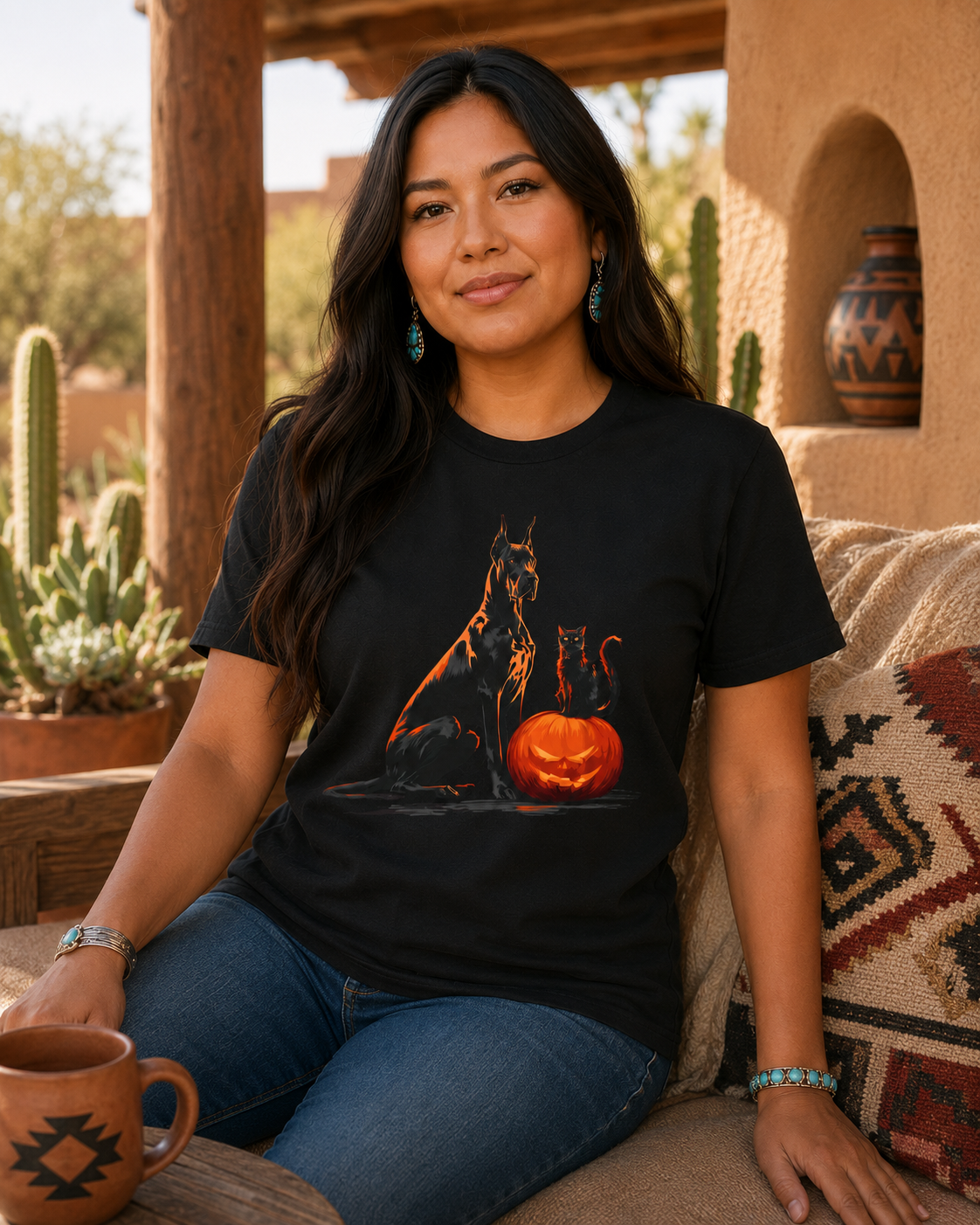 A woman sitting on a southwestern-style patio wearing a black graphic t-shirt with a Great Dane and cat sitting with glowing jack-o'-lantern. She is wearing blue jeans and holding a ceramic mug.