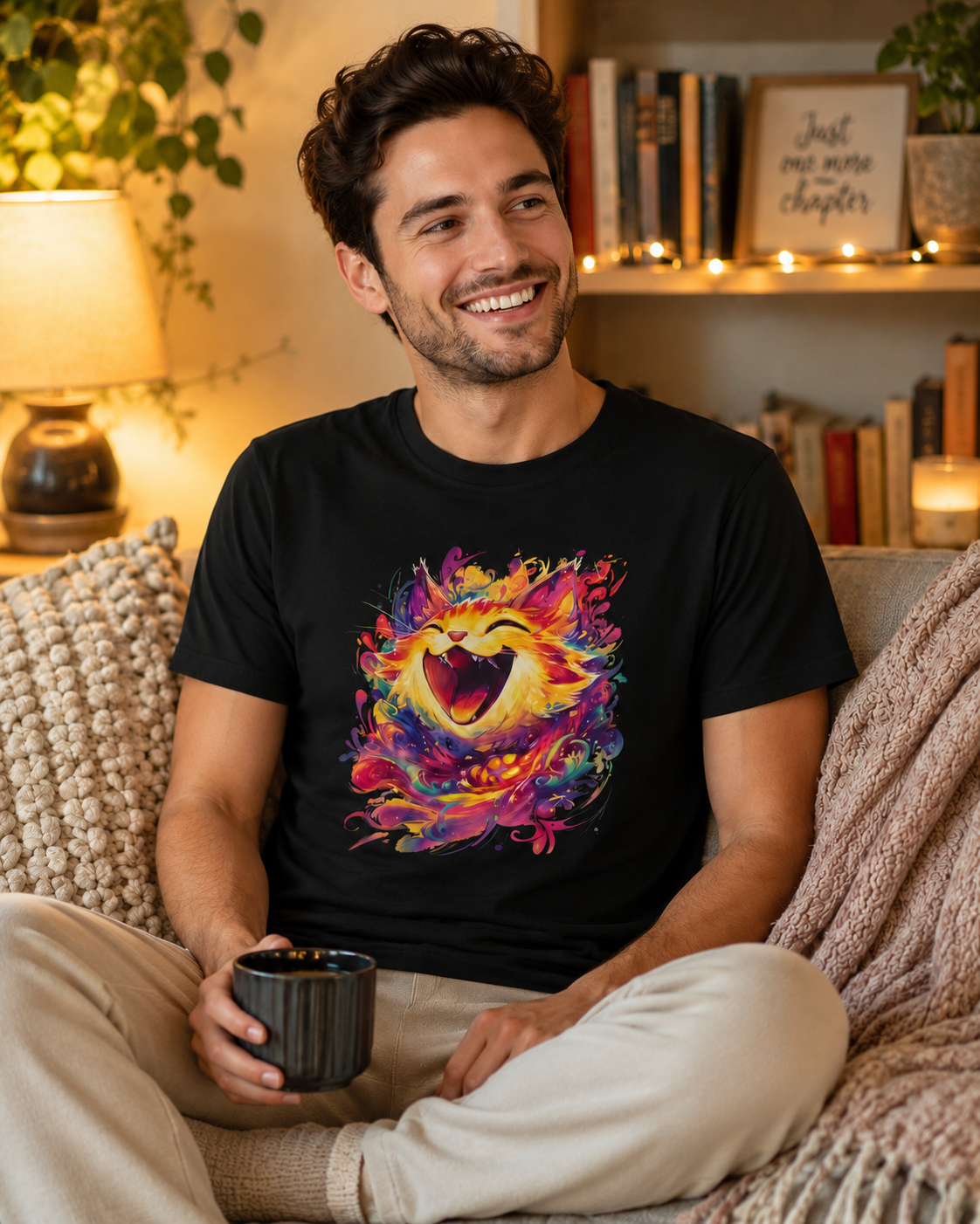 A man sitting on a cozy couch in a warmly lit living room, wearing a black t-shirt with a colorful, vibrant abstract graphic of a happy cat face. He is holding a dark mug, with a lamp, books, and string lights visible in the background.