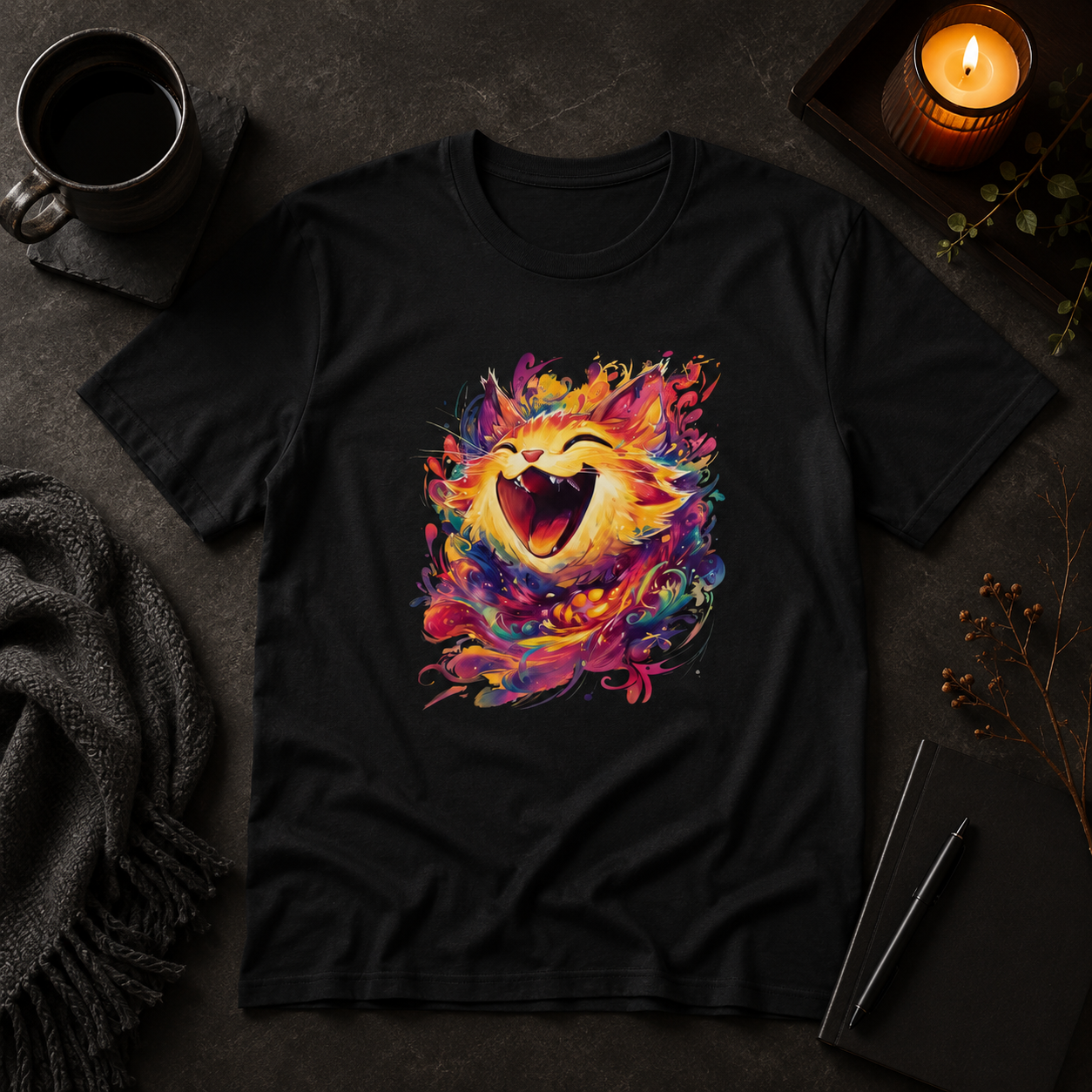 A black short-sleeve T-shirt laid flat on a dark textured surface, featuring a colorful abstract smiling orange cat graphic on the chest. The shirt is styled with a mug of coffee, a candle, a scarf, and a notebook around it.