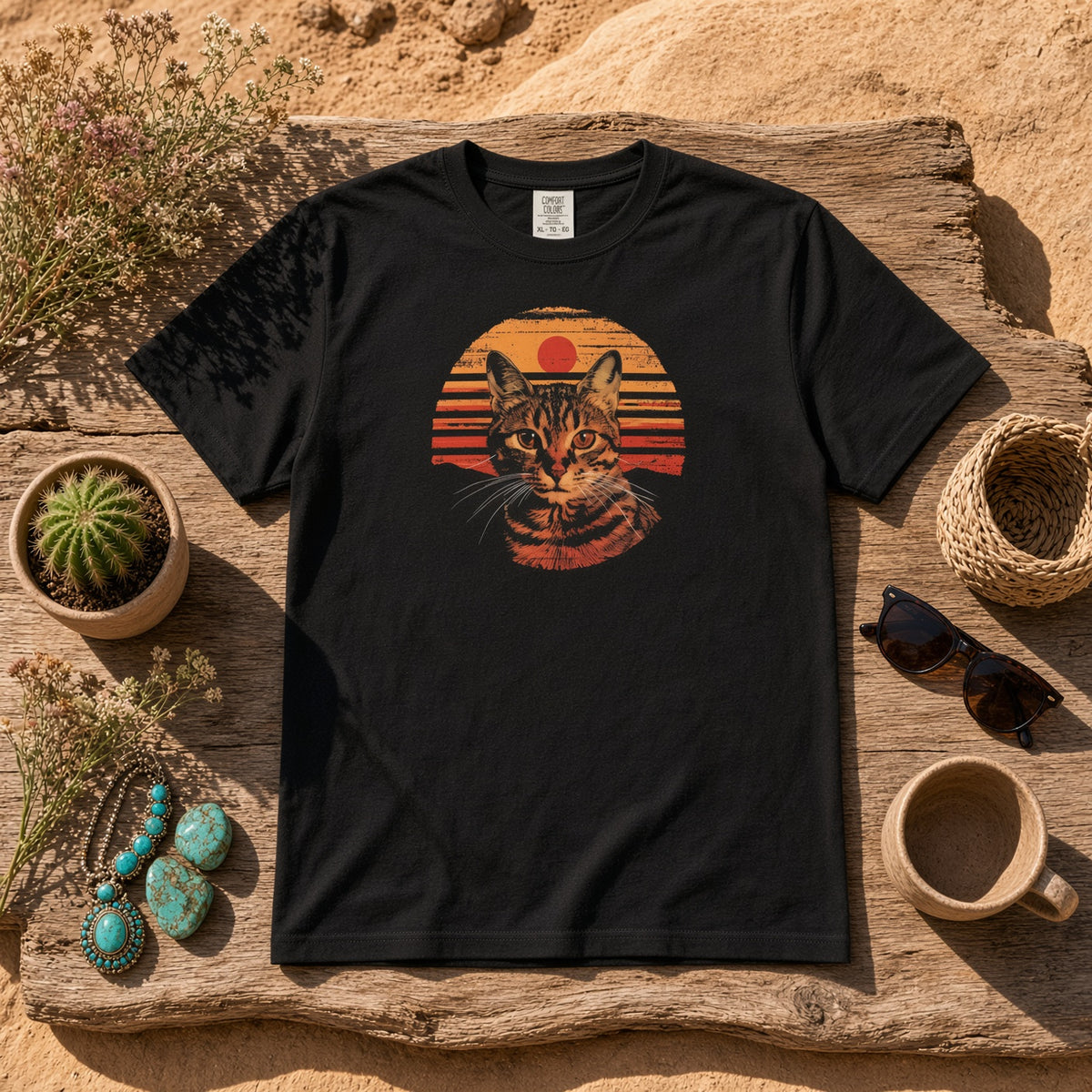 Retro Sunset Cat Shirt | Tabby Cat Tee | Neighborhood Feral Leader
