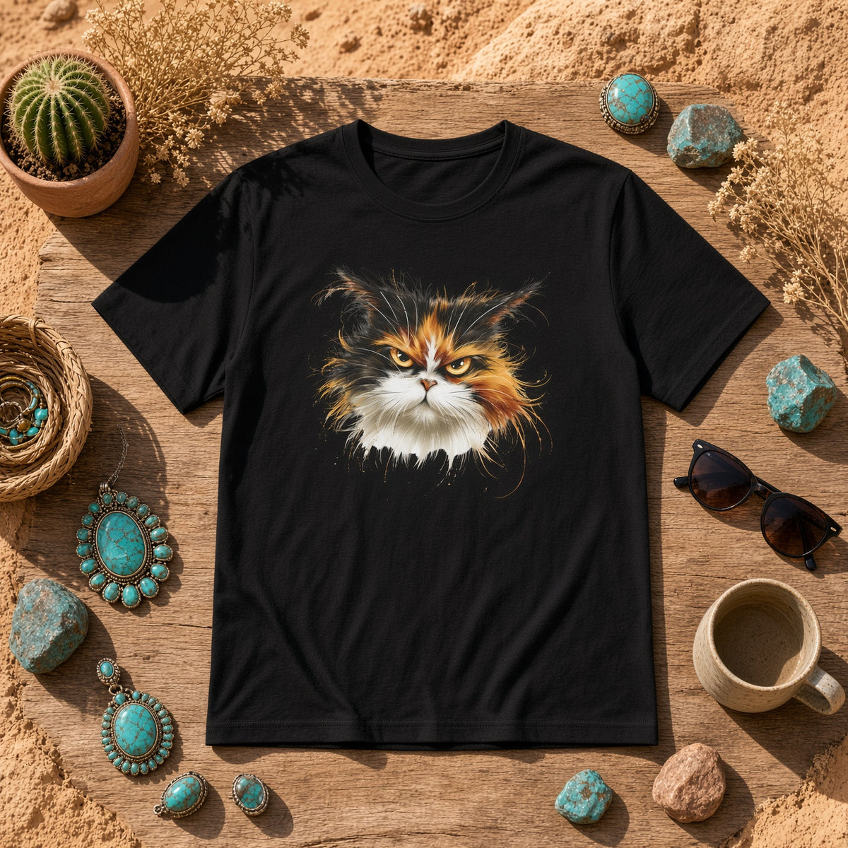 Black t-shirt with a calico cat graphic displayed on a wooden surface with accessories.