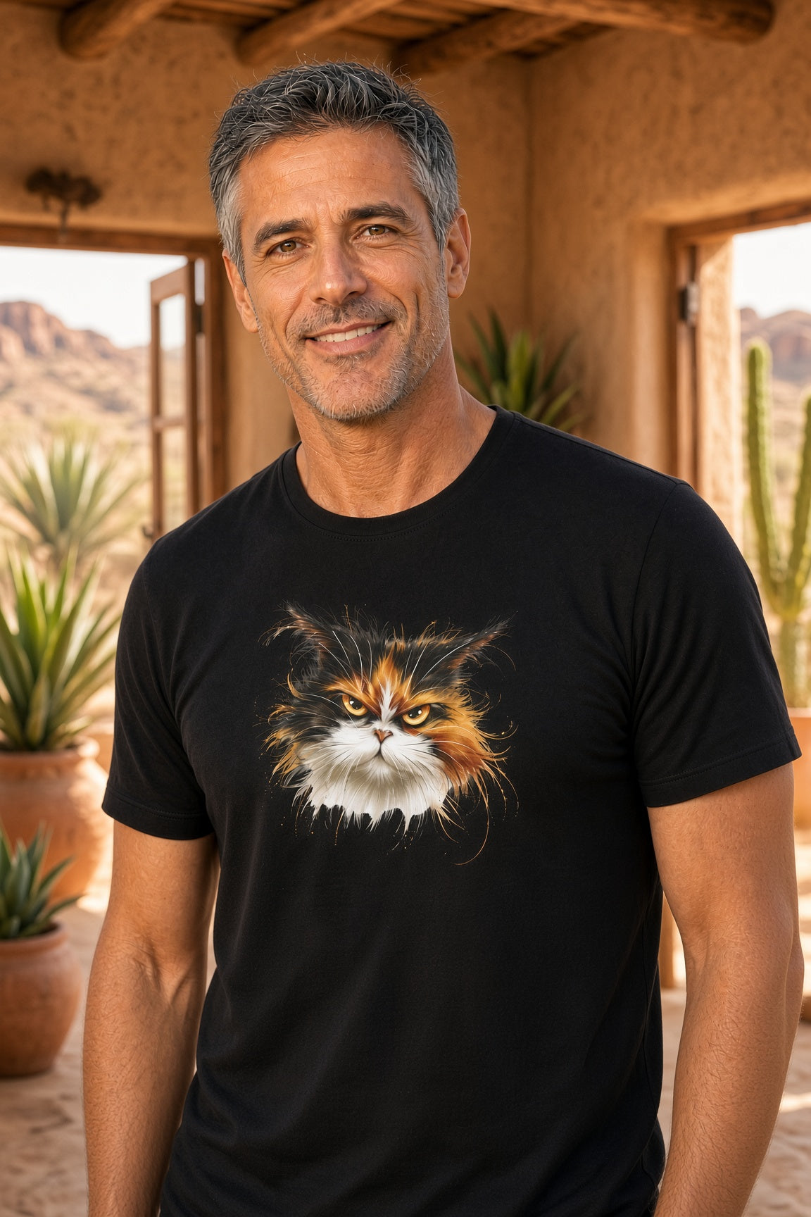 Man wearing a black t-shirt featuring a fierce calico cat graphic.