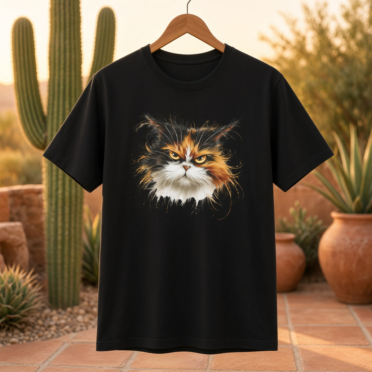 Black t-shirt with a calico cat graphic hanging on a wooden hanger outdoors.