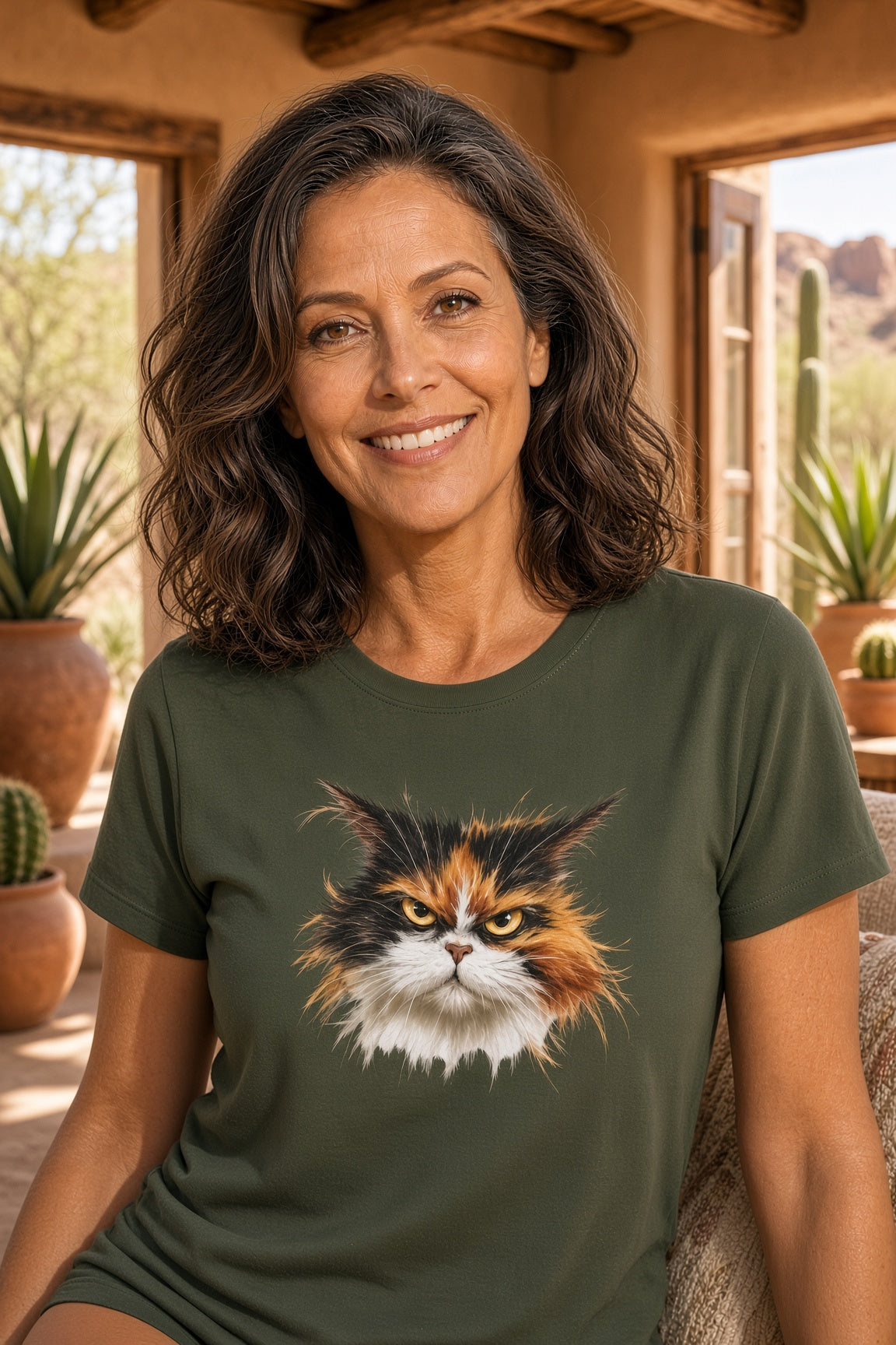 Woman smiling while wearing an olive green t-shirt with a calico cat graphic.