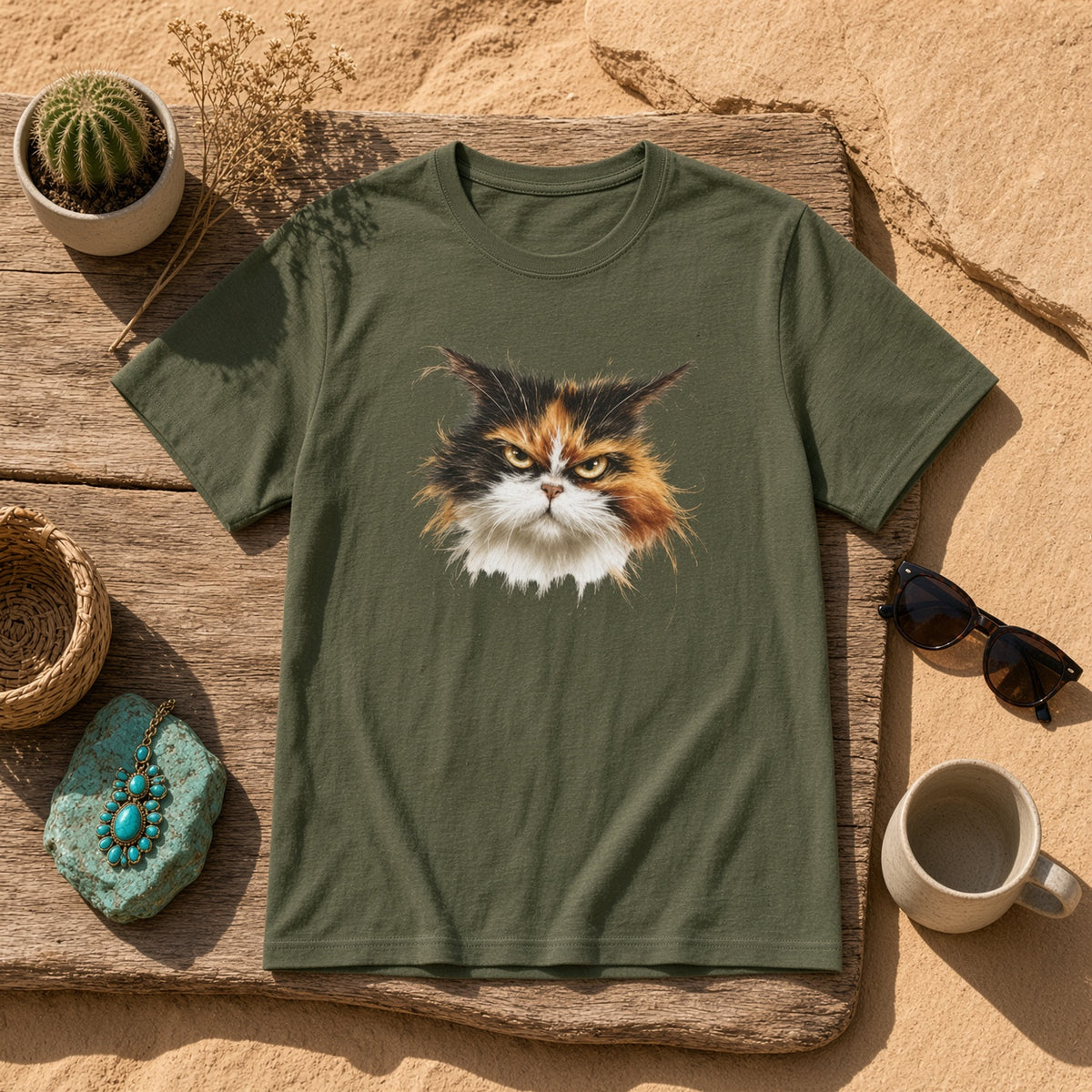 Olive green t-shirt with a fierce calico cat design on a wooden surface.
