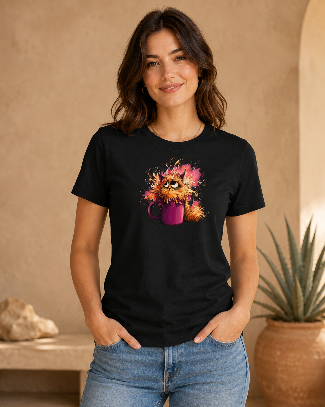 A woman wearing a black short-sleeve graphic t-shirt with a colorful cartoon cat in a mug design, paired with blue jeans, standing in a warm-toned indoor setting with a potted plant.