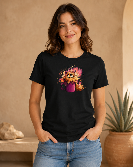 A woman wearing a black short-sleeve graphic t-shirt with a colorful cartoon cat in a mug design, paired with blue jeans, standing in a warm-toned indoor setting with a potted plant.
