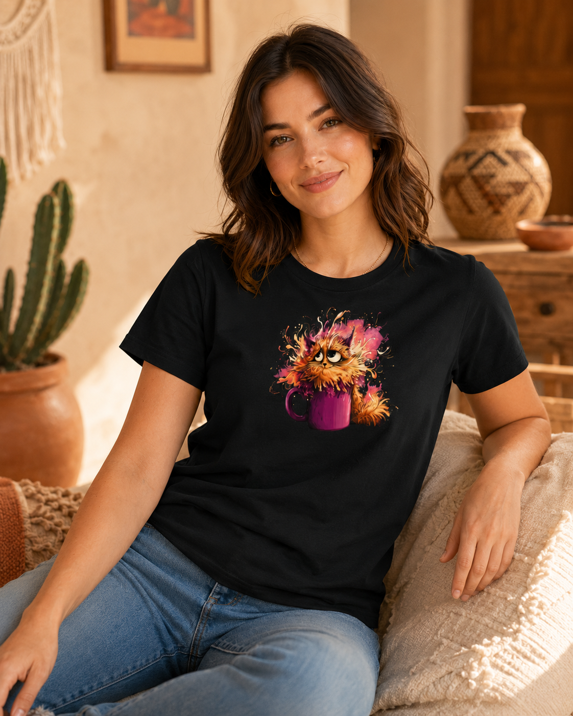 A woman sitting on a couch wearing a black t-shirt with a colorful graphic of a cat in a purple mug surrounded by chaos. 