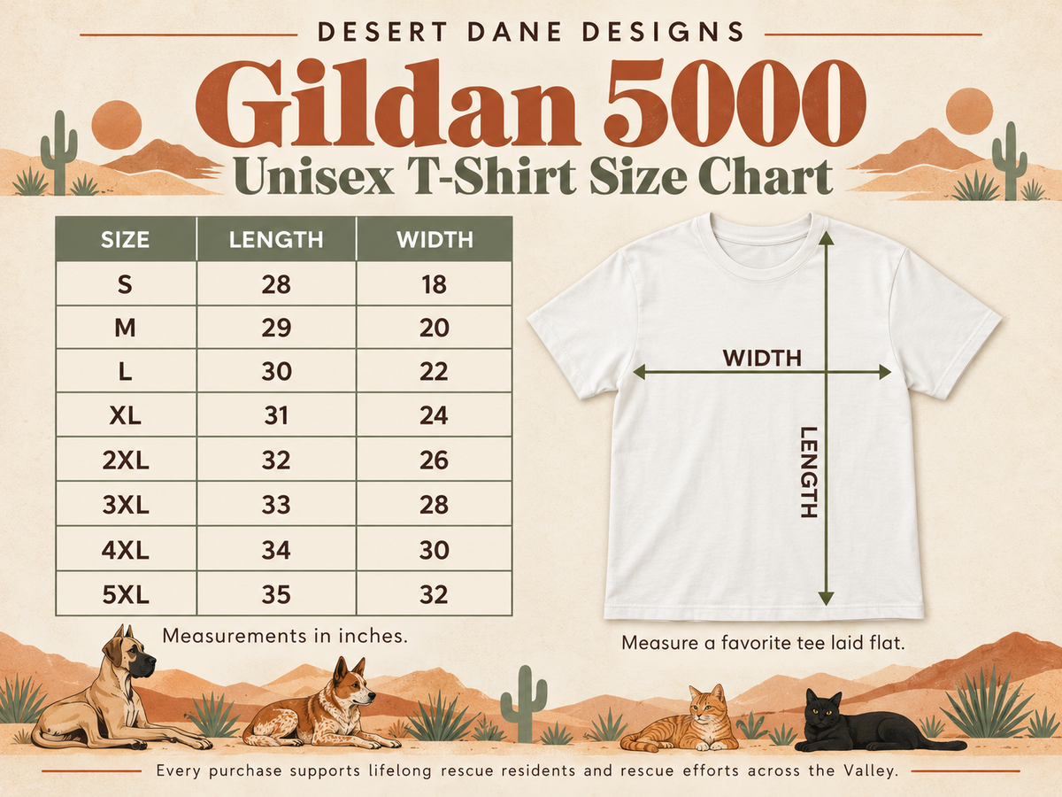Gildan 5000 size chart white t-shirt and measurement lines.