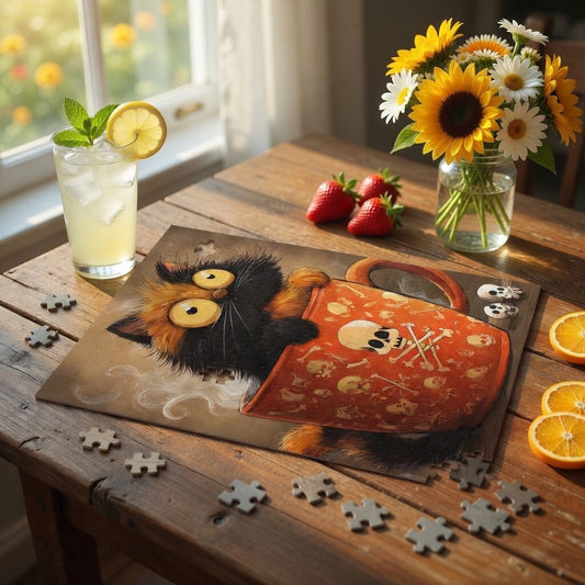 Wooden table with a puzzle featuring a cat and teacup design, a glass of lemonade, strawberries, and a vase of flowers.