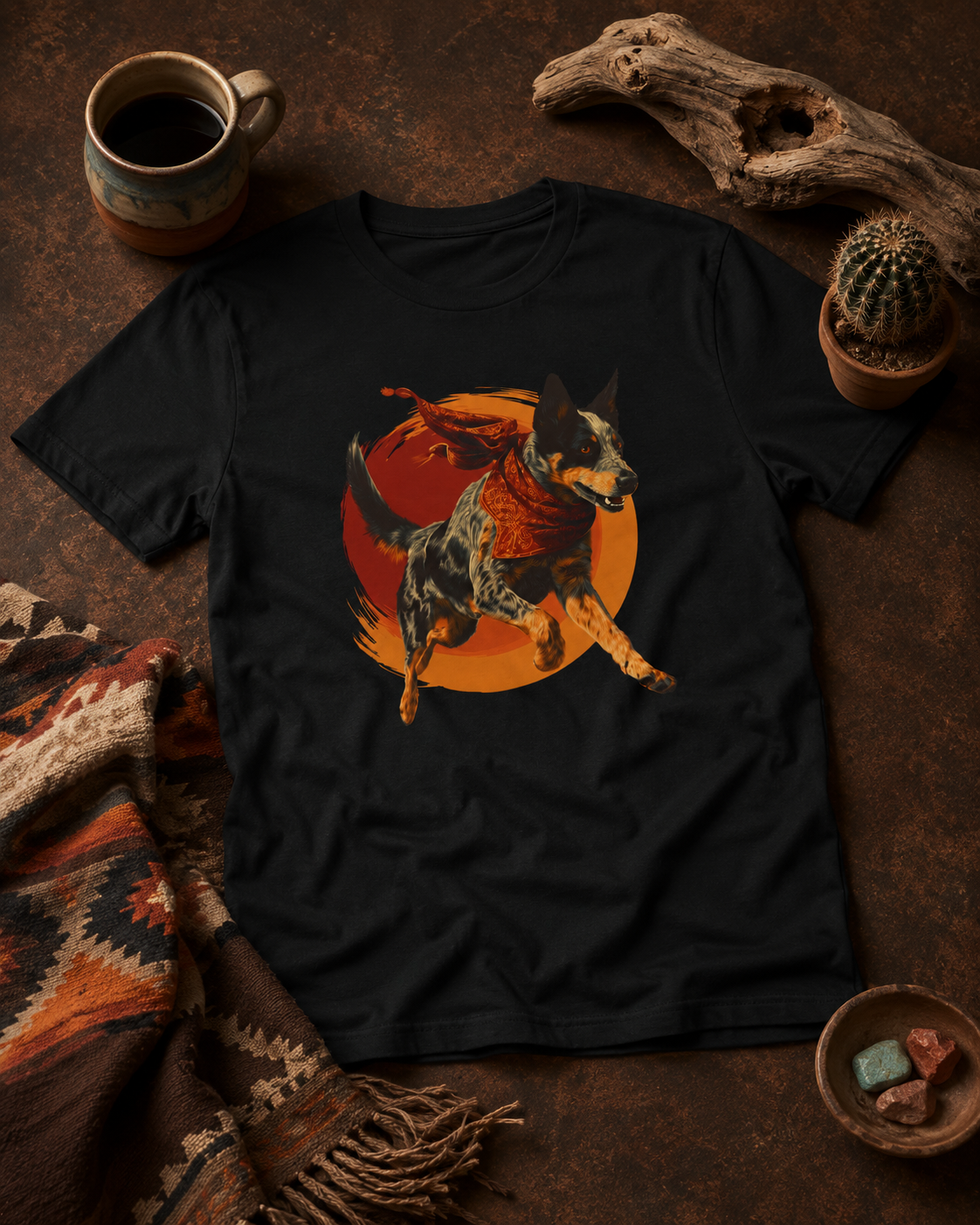 A black short-sleeve graphic T-shirt laid flat on a rustic brown surface, featuring a colorful print of a dog running in front of a red and orange circular sun. The shirt is styled with a mug, driftwood, a cactus, a patterned blanket, and small stones.