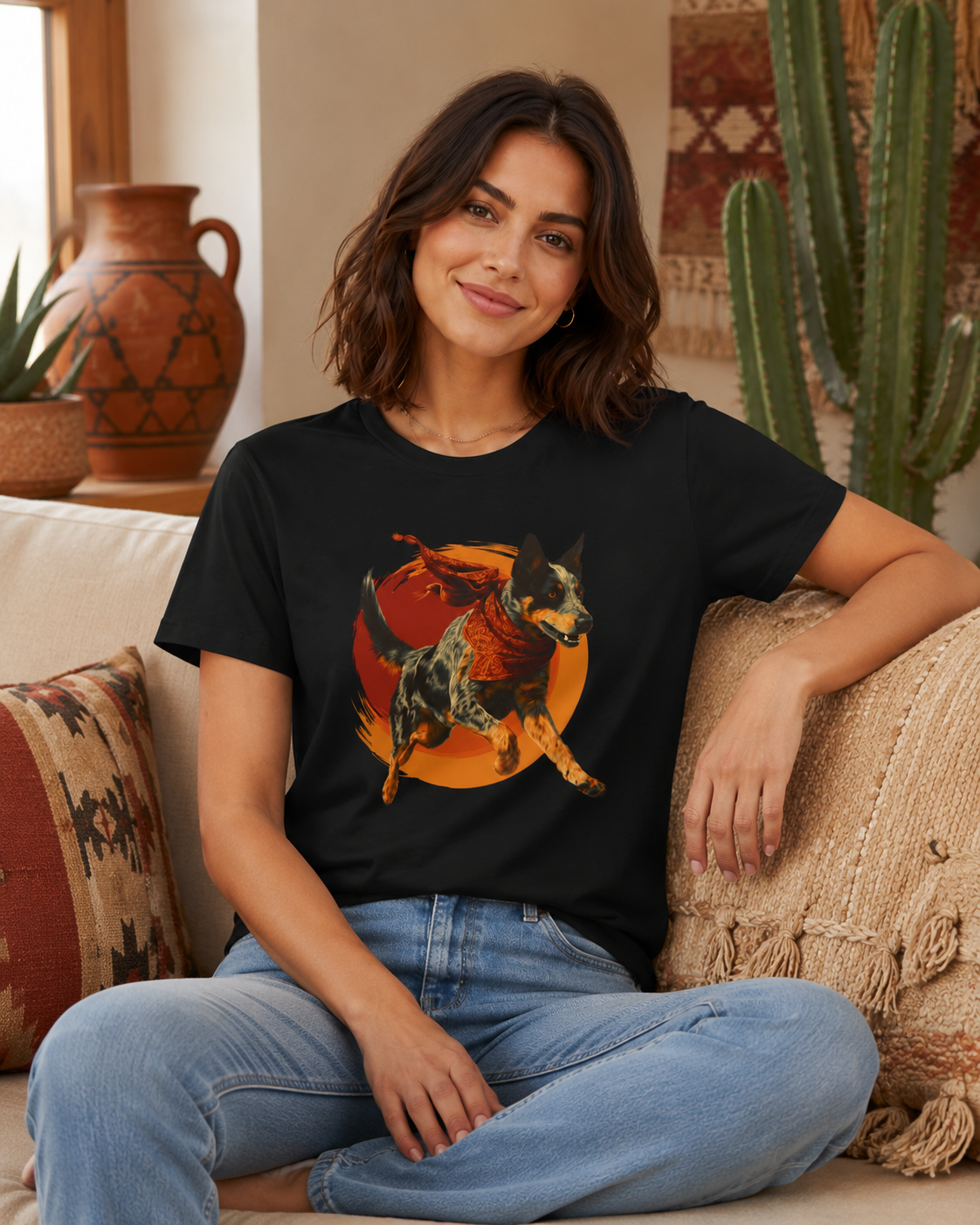 A woman sitting on a beige couch wearing a black graphic t-shirt with a ACD dog running in front of an orange sun design, paired with light blue jeans.