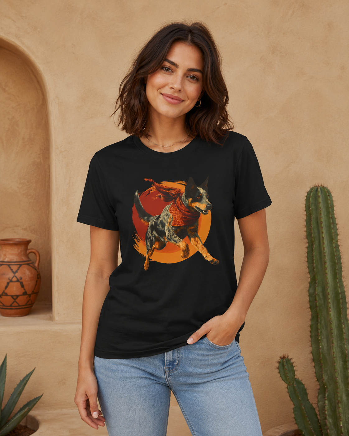 A woman wearing a black graphic t-shirt with a Australian cattle dog illustration, standing in front of a warm beige stucco wall with a cactus and pottery.