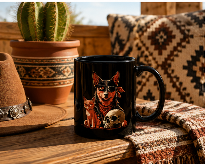 Black mug featuring a dog with an eye patch, a cat, and a skull on a wooden table.