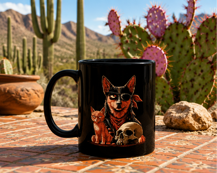 Black mug with a dog and cat design, set against a desert landscape with cacti.