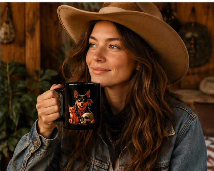 Woman holding a black mug with a dog and cat design, smiling in a rustic setting.