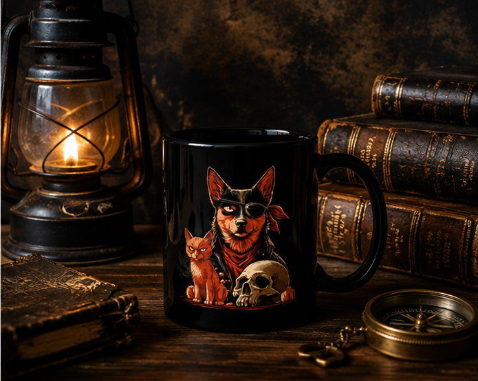 Black mug with a dog and cat design on a dark wooden table with a lantern and books.
