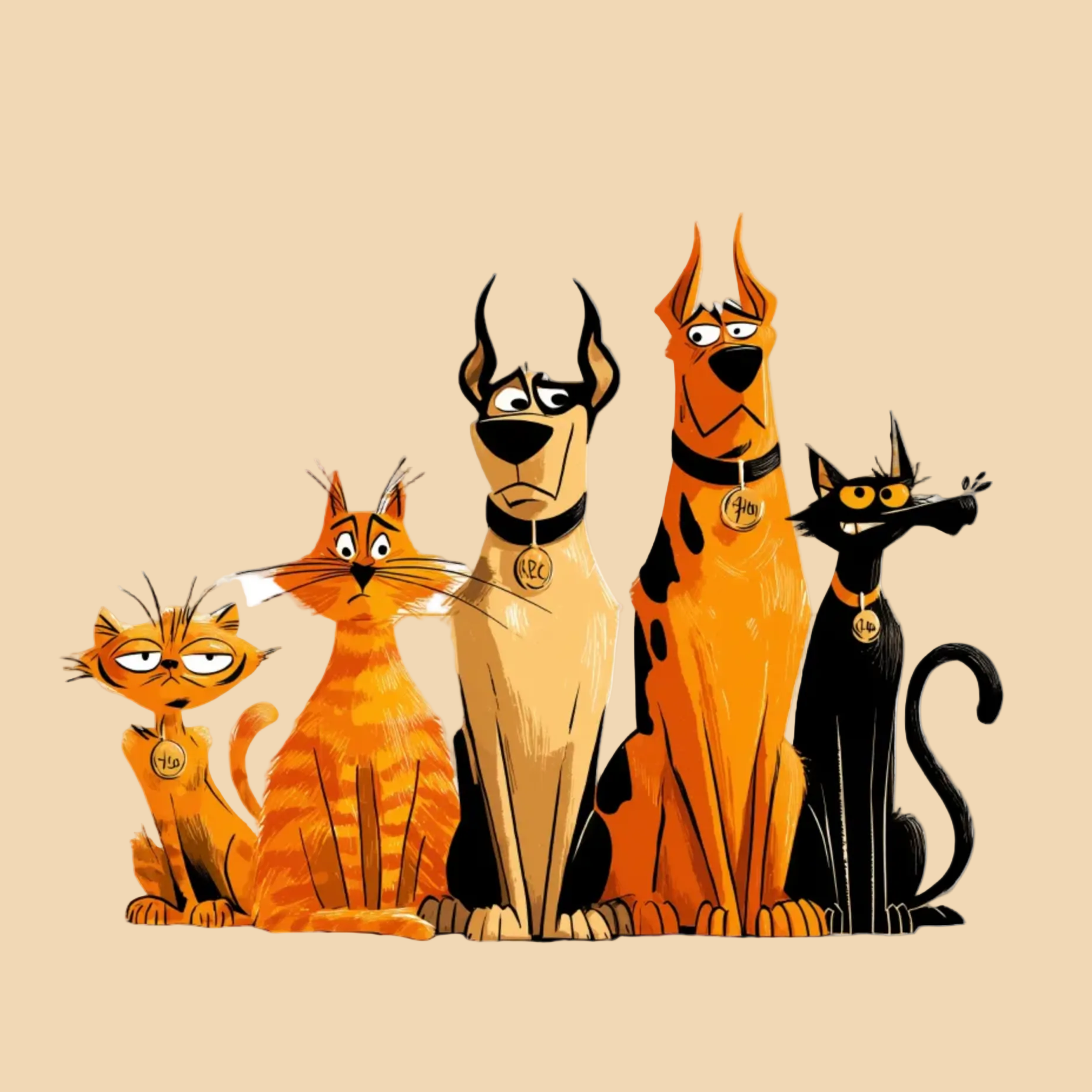 Cartoon cats and dogs with superhero costumes on a white background
