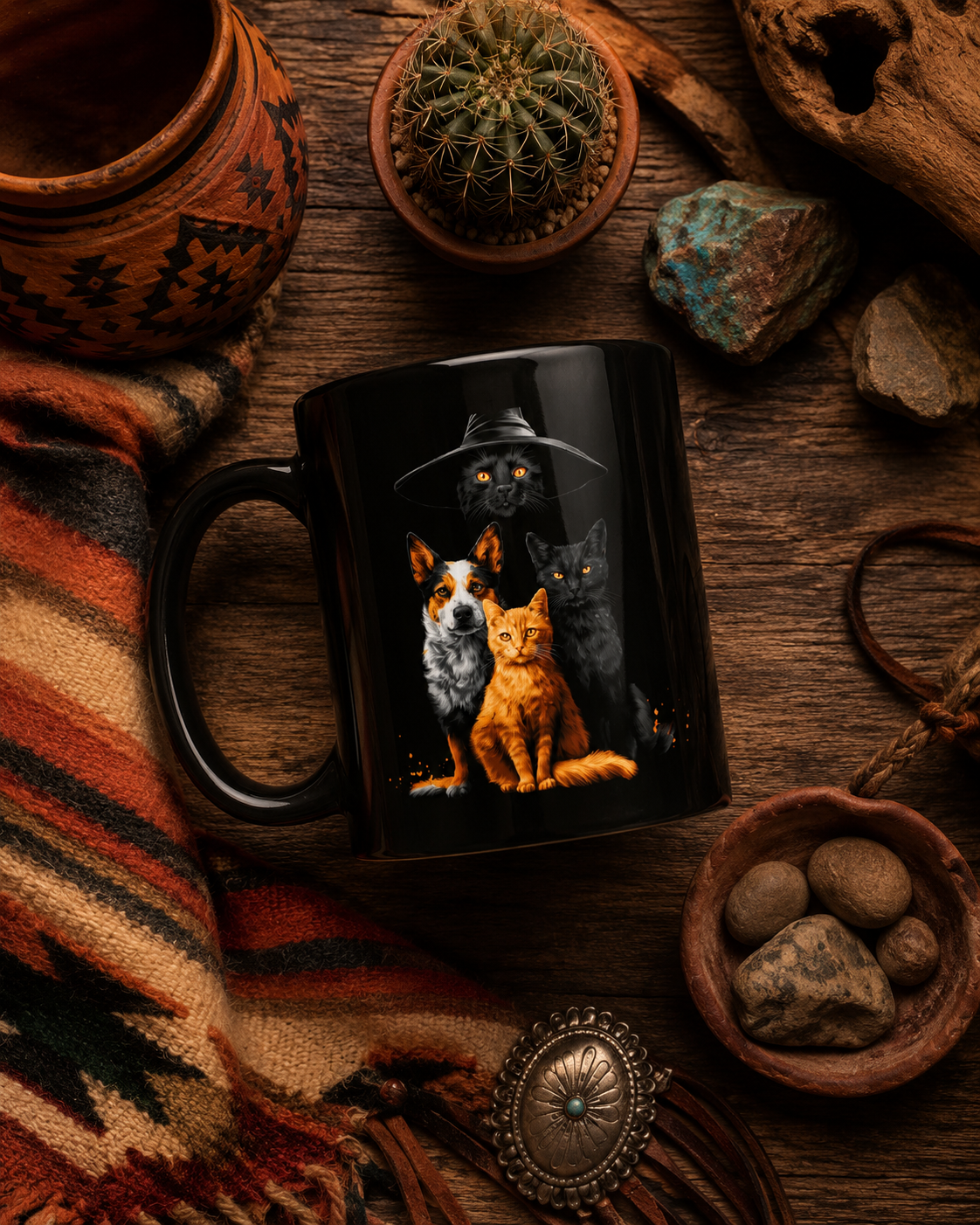 A black ceramic mug with a printed graphic of a black cat in a witch hat with a cattle dog and two other cats, styled on a rustic wooden surface with a patterned blanket, a cactus, and other earthy decorative props.