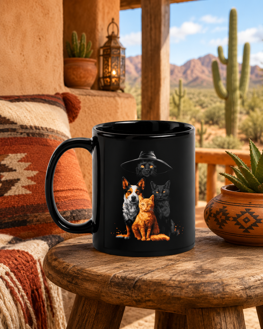 A black ceramic mug with a printed graphic of a black cat in a witch hat with a cattle dog and two other cats, displayed on a rustic wooden table in a desert patio setting.