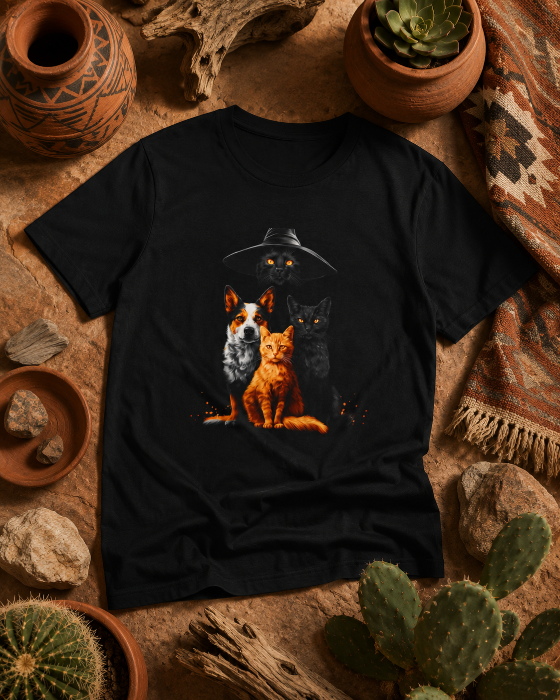 A black short-sleeve graphic T-shirt laid flat on a desert-themed surface with cacti, pottery, and a patterned textile. print of an orange cat leading the charge, a black cat keeping watch under a wide-brimmed hat, and a loyal dog standing guard.