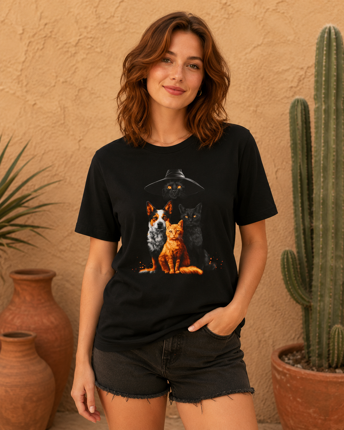 A woman wearing a black graphic t-shirt with a print of an orange cat leading the charge, a black cat keeping watch under a wide-brimmed hat, and a loyal dog standing guard with black denim shorts, standing in front of a stucco wall with potted cacti.