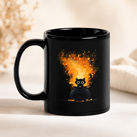 Black mug with a black cat in a cauldron, surrounded by vibrant orange flames.