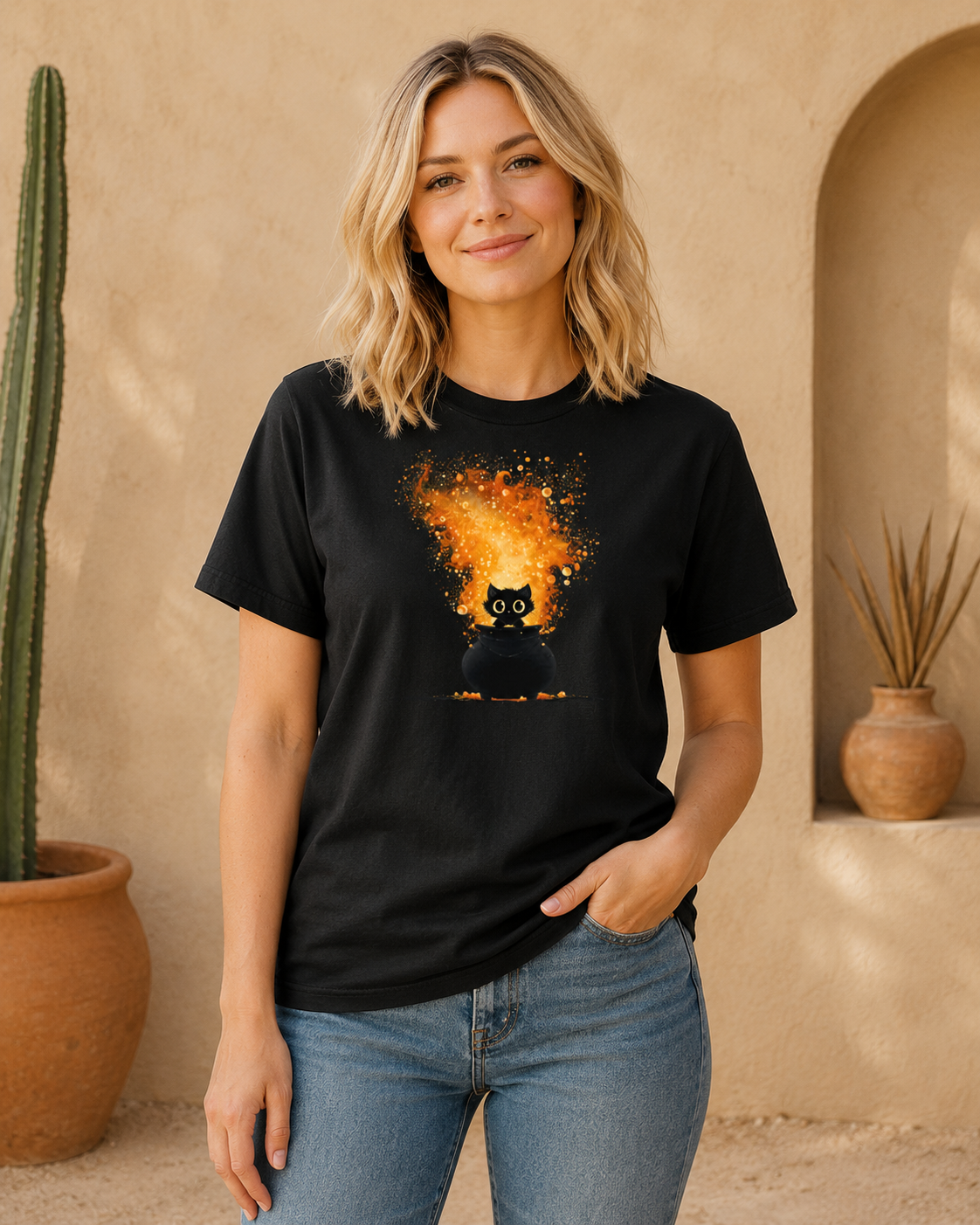 A woman wearing a black graphic t-shirt with a glowing orange and yellow cat illustration, paired with blue jeans, standing in a warm, desert-style setting with a cactus and archway.