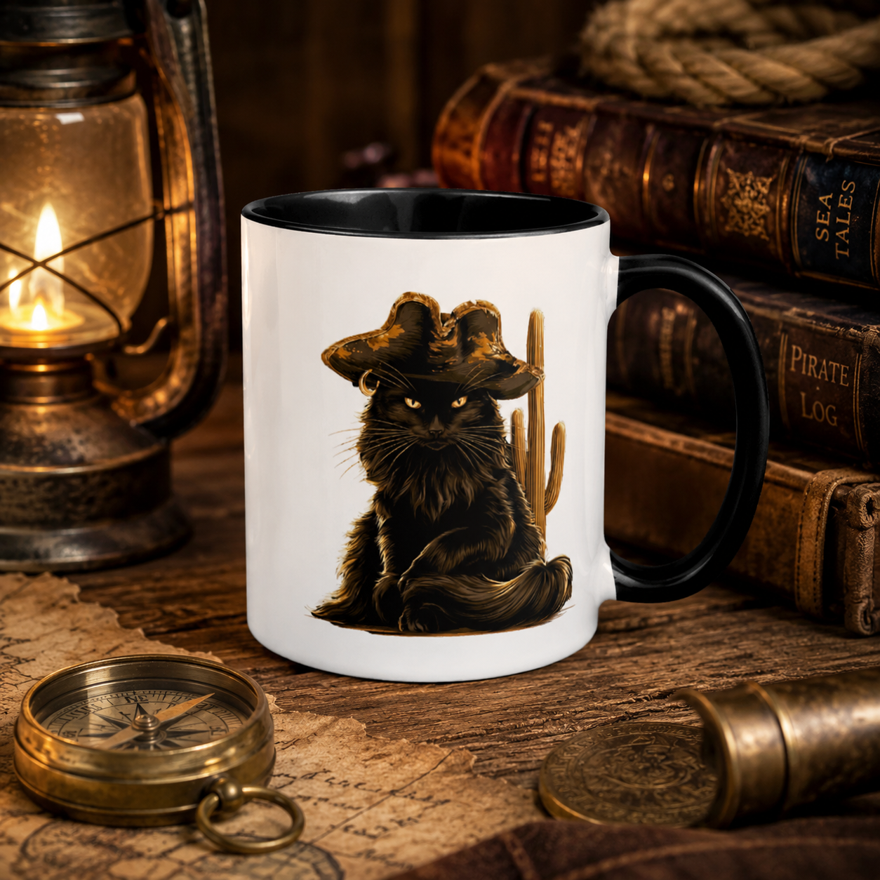Black cat in a pirate hat next to a cactus on a wooden table with a lantern and compass.