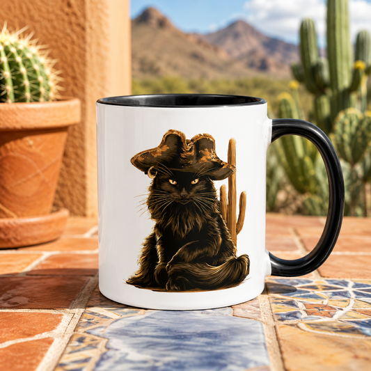Black cat wearing a pirate hat sitting next to a cactus on a tiled surface.