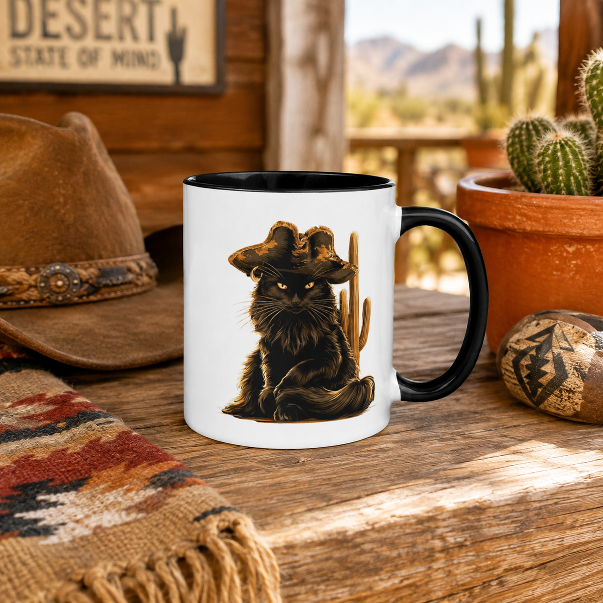 Black cat in a pirate hat beside a cactus on a rustic table with a hat and decor.